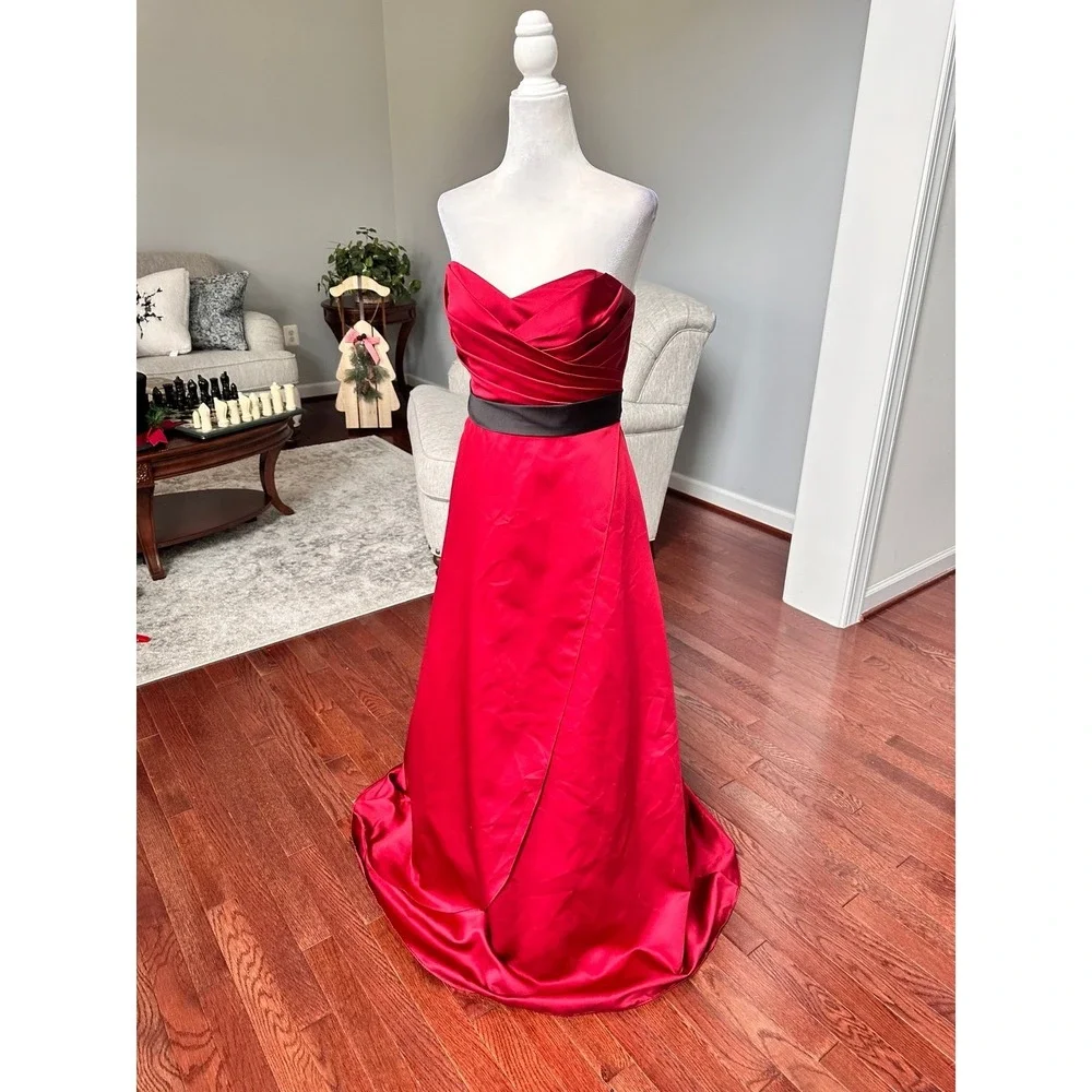 Alfred Angelo David's Bridal Red Strapless Tie Back Belt Princess Gown Dress